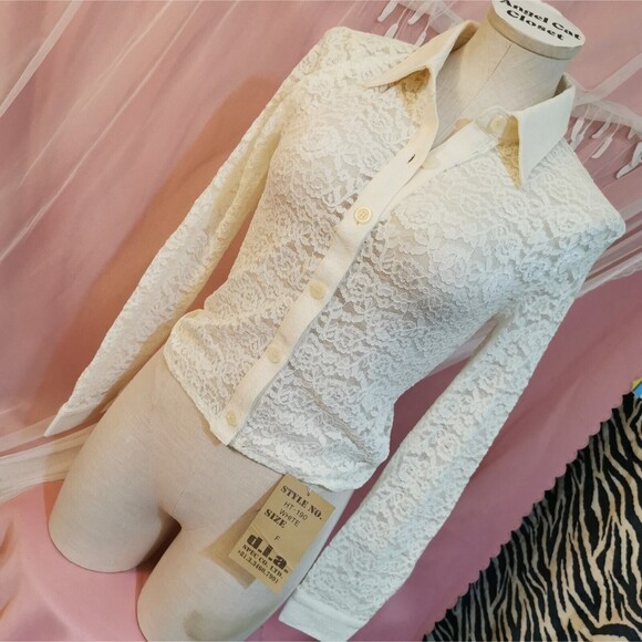D.I.A. Top Small White Lace Blouse Rare Long Sleeve Gyaru Gal Style Party Prom - Picture 1 of 7